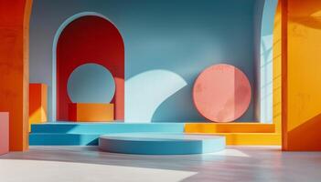 Product display podium scene with geometric shapes and arch background in 3d style photo