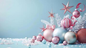 Christmas and New year decorations balls star and frosty spruce branches on pastel blue background photo