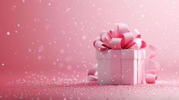 Gift box on a pastel pink background with copy space. Merry Christmas banner, Happe New Year. Valentines Day photo