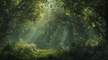 lush, verdant forest with light-letting trees photo