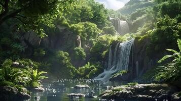 lush greenery and a tranquil waterfall photo