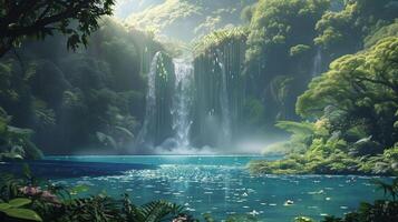 Beautiful waterfall cascading into a shimmering lake photo