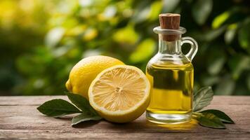 Lemon Oil Aromatherapy a bottle of lemon oil next to a lemon and a lemon photo