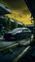 a new car parked in a darkness green old building house photo