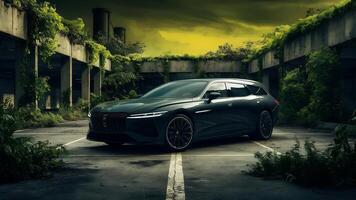 a new car parked in a darkness green old building house photo