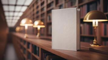 Mockup of a hardcover book with a blank cover on a blur library background photo