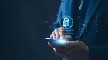 Cyber security and network data protection. Businessman protecting data personal information encryption with digital padlock on tablet and virtual interface. photo