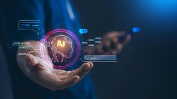 artificial intelligence, Businessman using AI in a Futuristic Office for Data Analysis, Digital Transformation and Innovation in the Tech Industry. photo