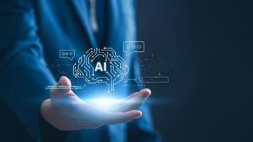 artificial intelligence, Businessman using AI in a Futuristic Office for Data Analysis, Digital Transformation and Innovation in the Tech Industry. photo