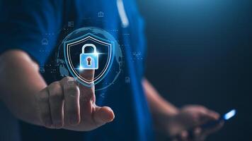 Cyber security and network data protection. businessman touch security padlock. smart solution from cyber attack, innovation technology photo