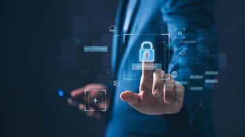 Cyber security and network data protection. businessman touch security padlock. smart solution from Ai tech cyber attack, innovation technology photo