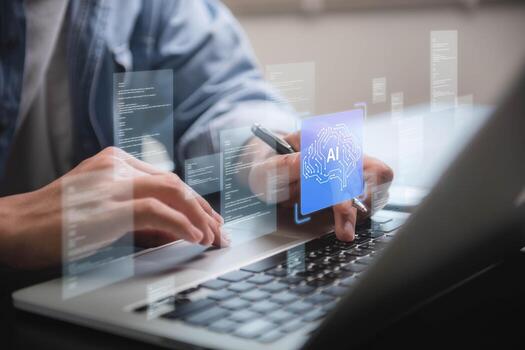 Professional Businessman Utilizing AI Technology for Data Analysis to Enhance Business Strategy and Drive Innovation in a Tech Driven Workspace. photo