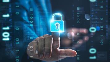 Cyber security and network data protection. businessman touch security padlock. smart solution from cyber attack, innovation technology photo