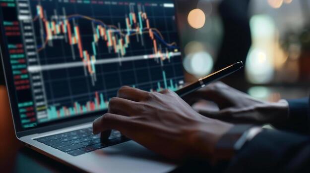 A financial analyst works with real-time stock data on a multi-monitor computer. photo