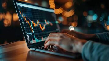 A financial analyst works with real-time stock data on a multi-monitor computer. photo