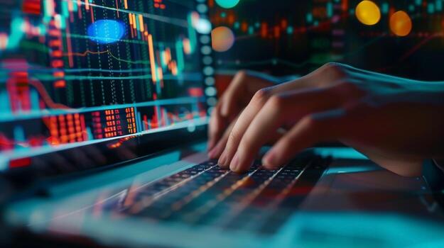 A financial analyst works with real-time stock data on a multi-monitor computer. photo