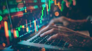 A financial analyst works with real-time stock data on a multi-monitor computer. photo