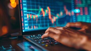 A financial analyst works with real-time stock data on a multi-monitor computer. photo