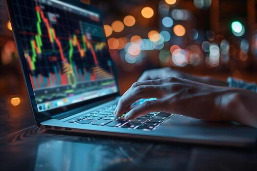 A financial analyst works with real-time stock data on a multi-monitor computer. photo