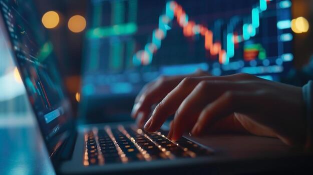 A financial analyst works with real-time stock data on a multi-monitor computer. photo