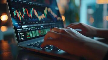 A financial analyst works with real-time stock data on a multi-monitor computer. photo