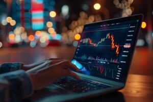 A financial analyst works with real-time stock data on a multi-monitor computer. photo