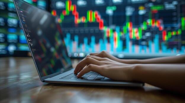 A financial analyst works with real-time stock data on a multi-monitor computer. photo