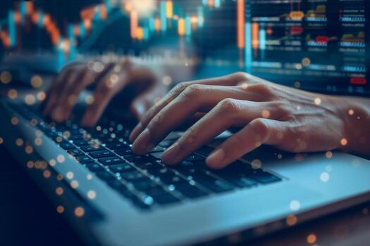 A financial analyst works with real-time stock data on a multi-monitor computer. photo