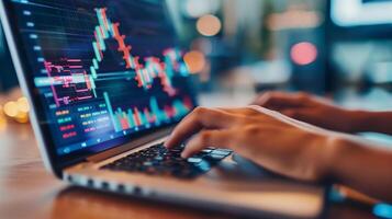 A financial analyst works with real-time stock data on a multi-monitor computer. photo