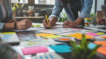 Business team brainstorms together using sticky notes on a whiteboard. photo