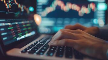 A financial analyst works with real-time stock data on a multi-monitor computer. photo