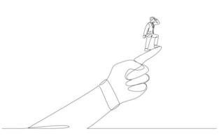 Continuous one line drawing of businessman standing on pointing finger of boss's hand looking forward, business guidance, leadership concept, single line art. vector