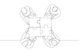 Continuous one line drawing of business people connecting jigsaw puzzle, working together, teamwork to solve problem concept, single line art. vector