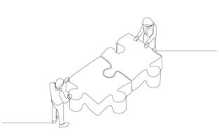 Continuous one line drawing of businessman and businesswoman connecting jigsaw puzzle, business cooperation, partnership to carry out project together concept, single line art. vector