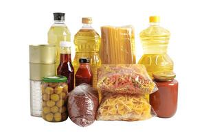 Foodstuffs in donation box isolated on white background with clipping path for volunteer to help people. photo