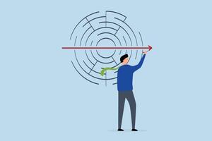 Solving business problem, businessmansolves maze puzzle with straight arrow. vector