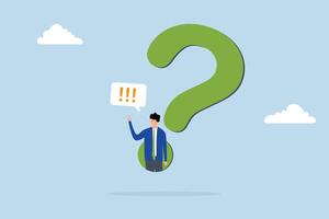 Answer business question, determination businessman comes out of question mark to answer question. vector