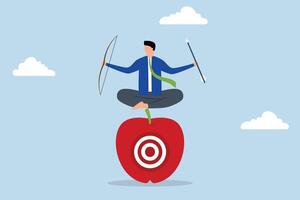 Concentration and focus on business goal, businessman archery holding bow and arrow, meditating and concentrating on mark center of apple. vector