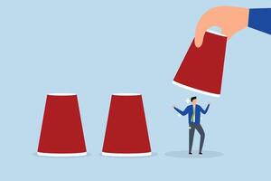 Human resources choosing candidate, the employer's hand raises designated cup to select businessman candidate from among cups in the guessing game. vector