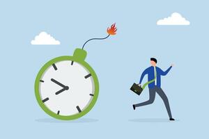 Time management, businessman running away from exploding time bomb. vector