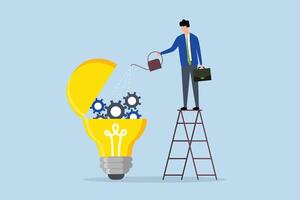 Maintenance brain to generate idea, businessman drops lubricant into an open ampoule with mechanical gears. vector