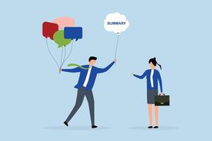 Meeting summary, businessman holds group of speech bubbles as members' opinions and offers a summary after meeting. vector