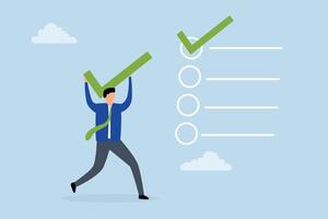 Checklist for completed tasks, businessman who carries big tick put completed project on the right track. vector