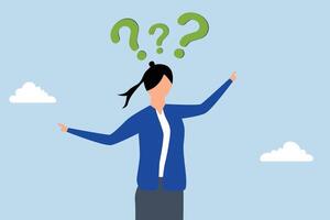 Business doubt choice, questionable business woman choosing option and pointing left and right. vector
