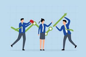 Business development process, businessman help to develop a business growth chart with upward arrow. vector