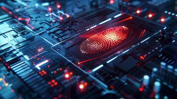 Fingerprint biometric identity digital and gold key lock approval scan, internet security network. photo