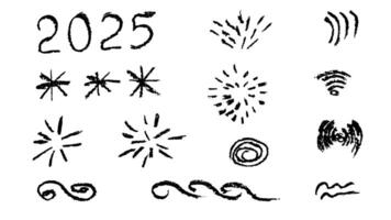 Doodles with the texture of charcoal pencil. Set elements imitating child drawing. 2025 fireworks snowflake wave. Doodles abstract shapes. illustration. vector