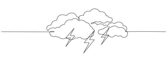 Continuous one line editable drawing of thunder cloud and lightning. Concept of sadness in inclement weather , depression, stress, . Single line illustration vector