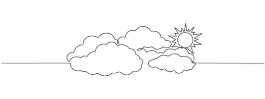 Continuous single line editable illustration of bright sun with clouds. Sunny summer weather one line design. illustration vector