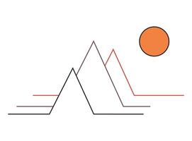 Colorful linear three triangle mountain top with circle orange sun doodle icon flat design. Isolated on white background. vector